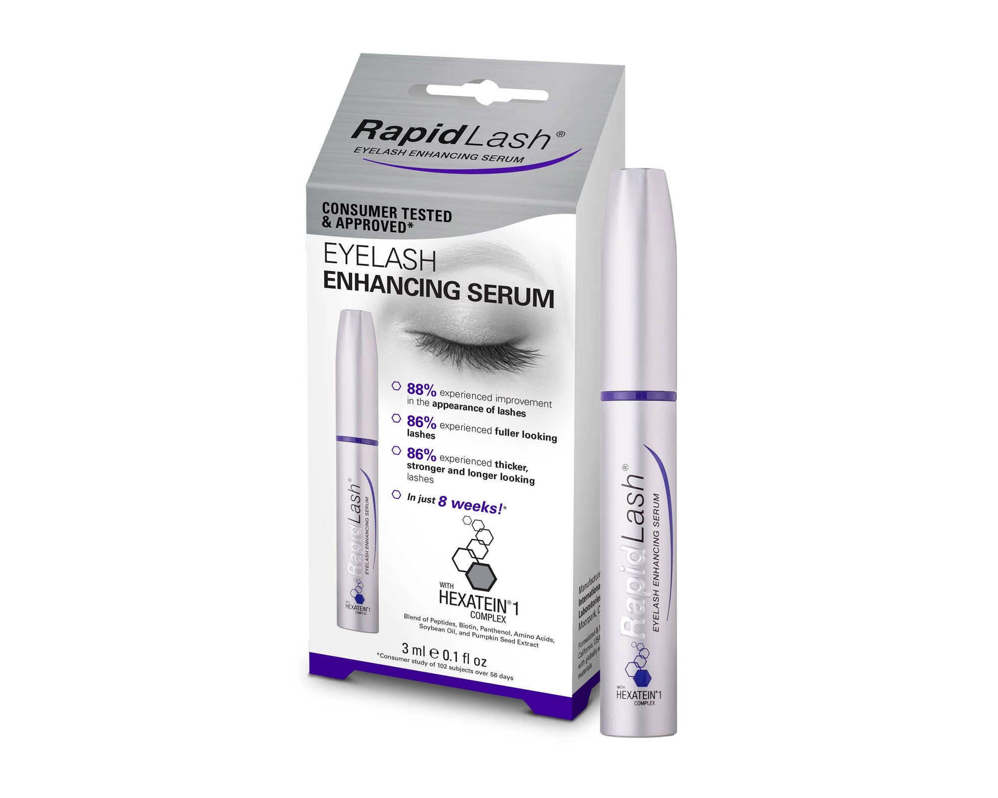 RapidLash® Eyelash Enhancing Serum's packaging box and product displayed side by side